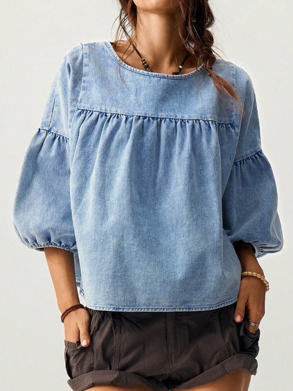 Blue Casual Women's Loose Fit Vacation Puff Sleeve Shirt